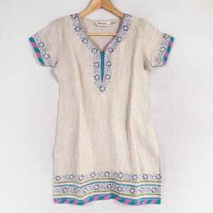 Aquarius Tunic Top Womens XS Beige Natural Multicolor Embroidery Linen? Boho